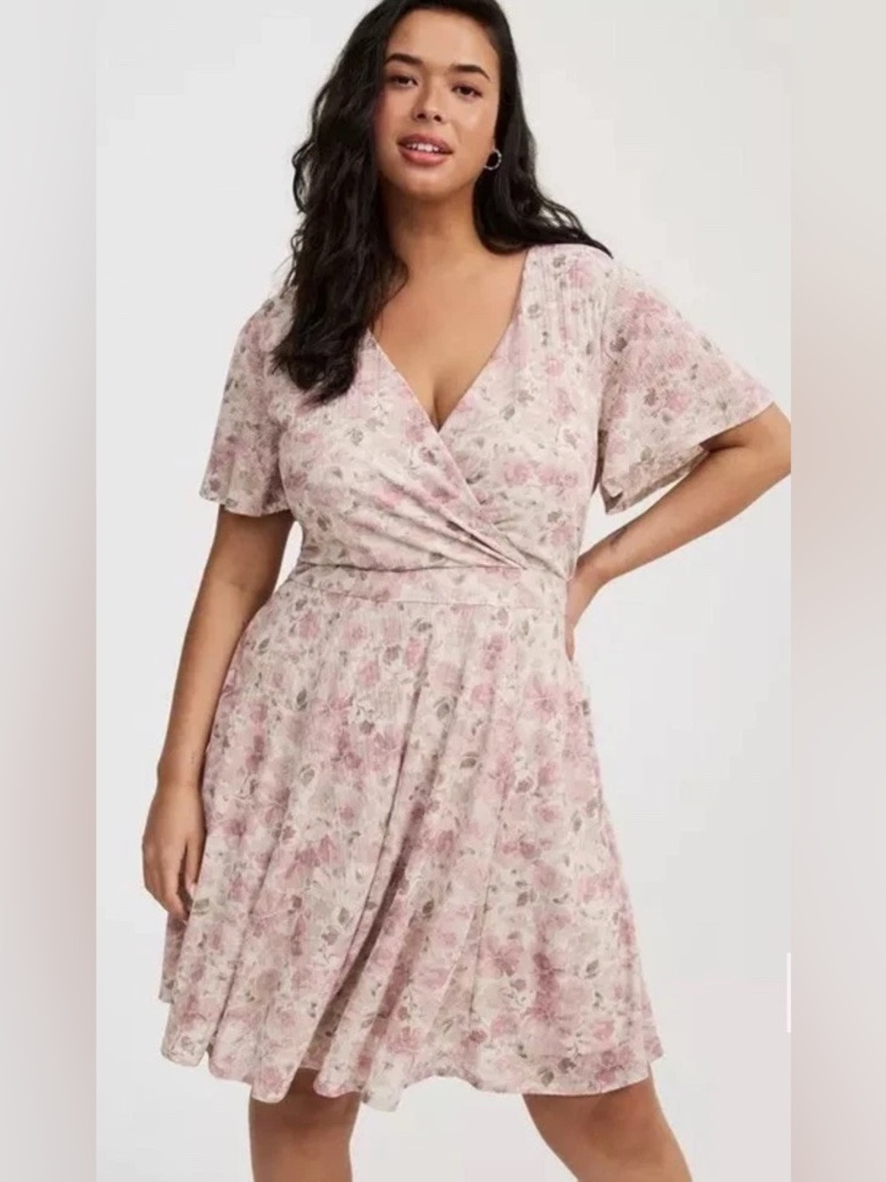 Torrid Cream and Pink Floral v-neck Midi Dress with sleeves